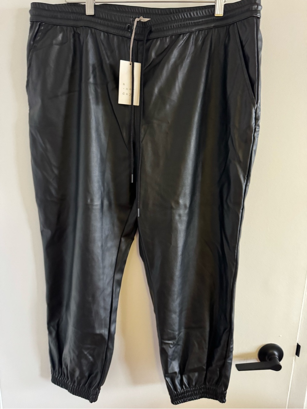 Women’s Black Faux Leather Jogger Pants - Stylish Drawstring Waist
